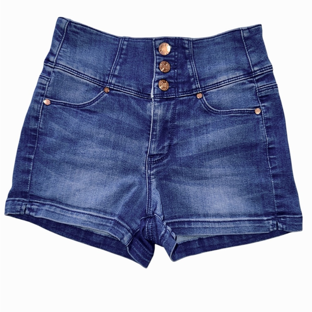 GUESS dark blue denim 25 shorts high rise with 3 button and zip fly, cuffed hem